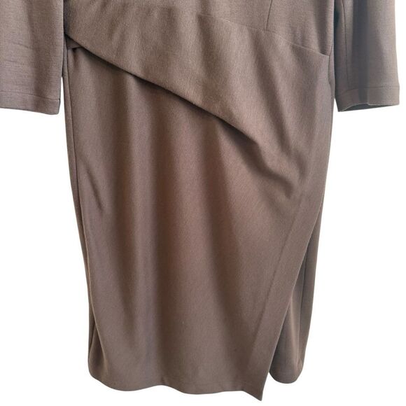 Lafayette 148 Brown 100% Wool Long Sleeve Faux Wrap Midi Dress Size 14 - Picture 3 of 7
